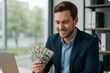 Businessman holding money showing funding success