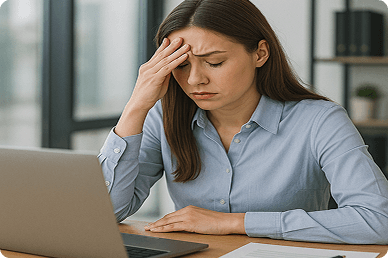 Stressed businesswoman with laptop showing funding challenges
